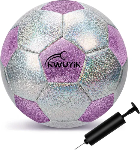 Vista 9 de Balón de fútbol de tamaño 3, 4, 5, con purpurina, rosa, morado, negro y plateado con inflador, pelota de fútbol para niños pequeños de 3 a 6 años, 6