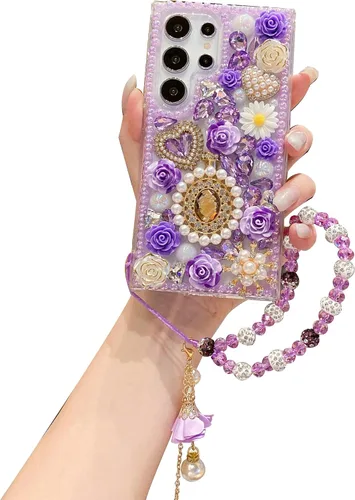 Vista 10 de iFiLOVE Funda para Samsung Galaxy S10 Bling Diamond Case con correa de flores, 3D de lujo con purpurina de cristal de imitación de perlas y rosas