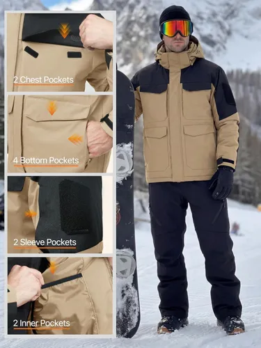 Vista 7 de FREE SOLDIER Chaqueta de esquí impermeable para hombre, abrigo cálido de invierno para nieve, snowboard con múltiples bolsillos, capucha desmontable