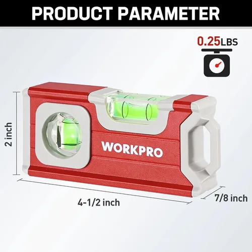 Vista 2 de WORKPRO Nivel pequeño, mini herramienta de nivel de 4-1/2 pulgadas, nivel de bolsillo magnético con 2 burbujas diferentes 90°/180°, construcción