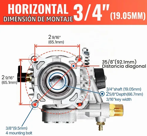 Vista 4 de YAMATIC Bomba de lavado a presión 3/4" eje horizontal Max 3200 PSI 2.5 GPM Plateado