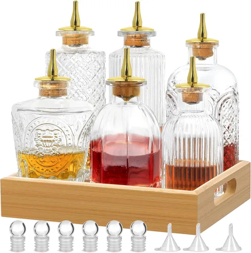 Vista 7 de Bitters Bottle for Cocktails Juego de 4 botellas de vidrio con tablero de salpicadero, ideal para camarero, bar en casa
