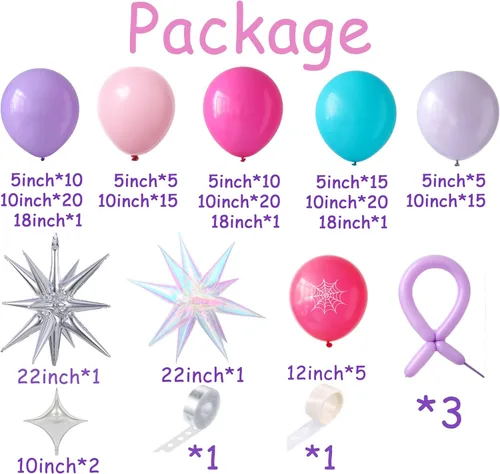 Vista 2 de PageebO Arco de globos con temática de araña, 153 globos con estampado de telaraña rosa, morado, azul, con explosión, globos de papel de aluminio