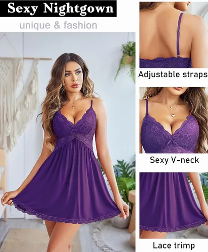 Vista 2 de Avidlove Camisón de noche de encaje modal para mujer, ropa de dormir con cuello en V y lencería sexy