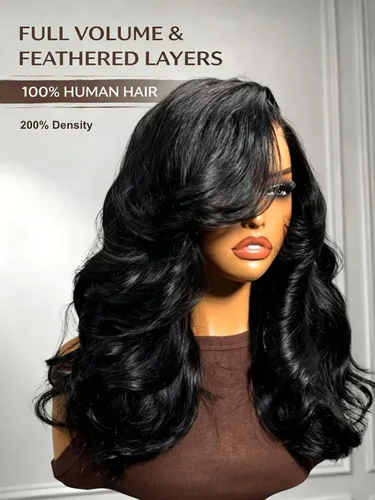 Vista 4 de UNICE Bye Bye Slip Peluca de Capas Emplumadas con Raya Lateral de Cabello Humano Sin Pegamento con Tiras de Silicona Seguras y Cordón Densidad 200%