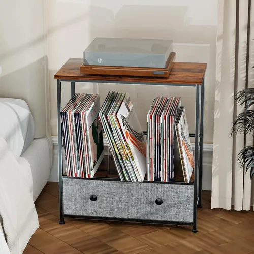 Vista 4 de DALEMHOME Soporte para tocadiscos con almacenamiento de vinilo, mesa de 2 niveles con cajón de tela, capacidad para hasta 110 discos de vinilo, mesa