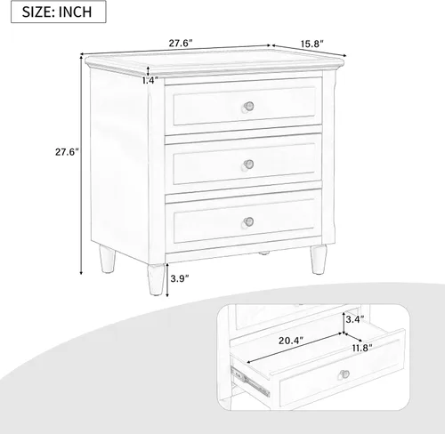 Vista 2 de Farmhouse Nightstand with 3 Drawers and Smooth Gliding Rails, Bedside Table Cabinet with Metal Handle, Minimalist Modern Small End Table for