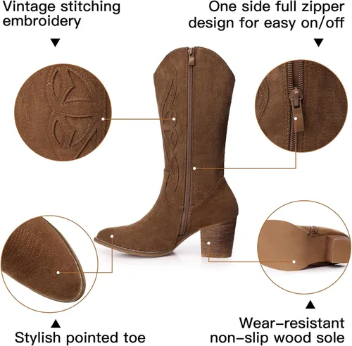 Vista 4 de SHIBEVER Botas vaqueras para mujer 2025 botas vaqueras negras a media pantorrilla, botas vaqueras bordadas occidentales de tacón alto con punta