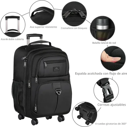 Vista 6 de MATEIN - Mochila rodante con 4 ruedas, mochila de viaje con ruedas para laptop de 17 pulgadas para mujeres y hombres, bolsa de negocios grande