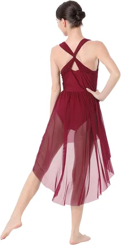 Vista 3 de ODASDO Vestido de baile lírico para mujeres adultas, moderno, contemporáneo, con lentejuelas, tul de malla, falda alta y baja, ropa de baile