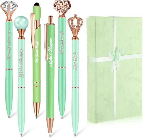 Vista 13 de Qeeenar 6 bolígrafos elegantes para mujer, bolígrafo de diamantes de cristal para diario, bonito bolígrafo con purpurina con caja, regalos Negro