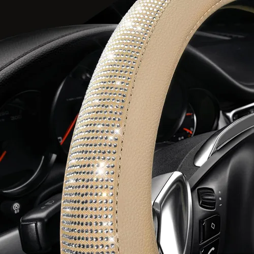Vista 2 de CAR PASS Funda para volante de cuero beige con diamantes brillantes, cristales blancos brillantes con purpurina y pedrería, ajuste universal de 14