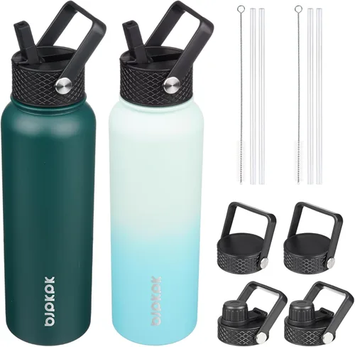 Vista 30 de BJPKPK Paquete de 2 botellas de agua aisladas con tapas con pajita, botella de agua de metal de acero inoxidable de 18oz con 6 tapas, jarras a