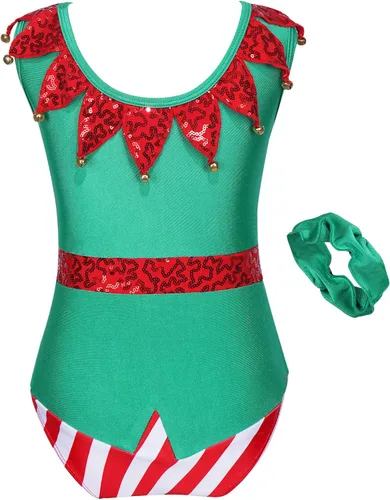 Vista 2 de TiaoBug Disfraces de elfo de Navidad para niñas y niñas, leotardo de gimnasia, trajes de ballet de una pieza