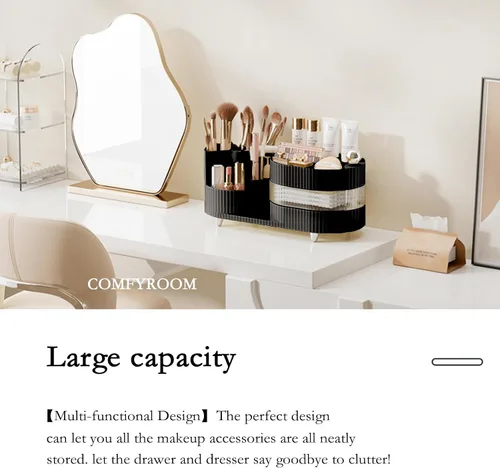 Vista 3 de COMFYROOM Organizador de maquillaje para tocador con soporte para brochas, organizador de maquillaje cosmético de 3 capas, organizador de maquillaje