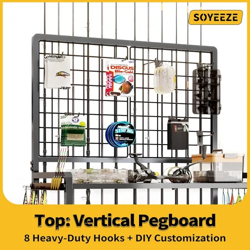 Vista 4 de SOYEEZE Soportes para cañas de pescar de gran tamaño para garaje, estante para cañas de pescar de servicio pesado de 3 niveles con tablero perforado