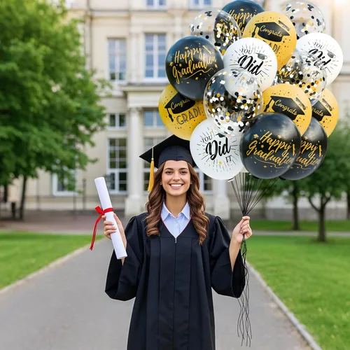 Vista 2 de Paquete de 78 globos de graduación 2026, decoraciones de graduación, globos de graduación de 12 pulgadas de oro negro con cintas para decoraciones