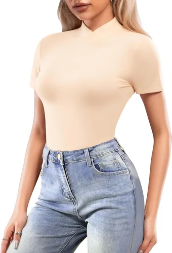 Vista 2 de MANGOPOP Body básico de manga corta para mujer con cuello alto falso