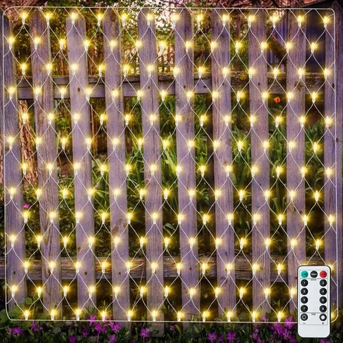 Vista 9 de Luz de Red Navideña para Exteriores, 5 pies x 5 pies, 100 luces LED de malla, operadas por batería, luces de red de Navidad conectables e