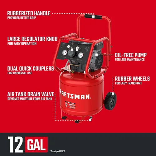 Vista 2 de CRAFTSMAN Compresor de aire de 12 galones ultra silencioso sin aceite de 1,5 HP, presión máxima de 150 PSI, tanque vertical