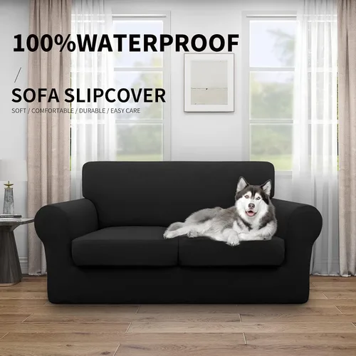 Vista 2 de Easy-Going Funda de sofá 100% impermeable doble de 3 piezas, elástica, suave, para perros, para sofá de 2 cojines separados, protector de muebles a