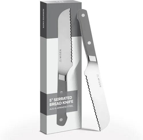Vista 15 de Misen Cuchillo de Pan Dentado - Acero Japonés AUS8 de Alto Carbono - Perfecto para Alimentos Suaves, Pan, Pasteles y Frutas - Rebanador Versátil