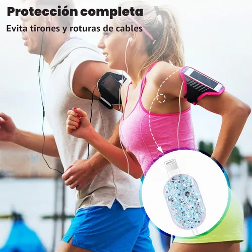Vista 5 de CameCosy Protector de cable de lujo compatible con cargador de iPhone, diseño de borde ondulado con purpurina, funda USB de línea de datos Azul