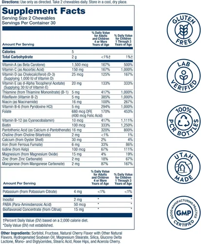 Vista 2 de SOLARAY Vitaminas y minerales completos para niños, cereza negra (60 masticables, 30 porciones)