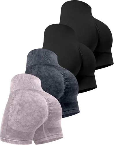 Vista 32 de CHRLEISURE Pantalones Cortos de Entrenamiento para Mujer, 4 Paquetes, Cintura Alta, Levantamiento de Glúteos con Fruncido, Pantalones Cortos Booty