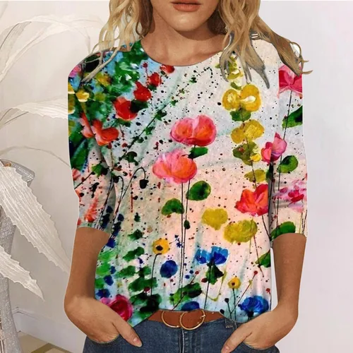 Vista 2 de Camisetas de manga 34 para mujer, con estampado de mariposas, casuales, holgadas, ligeras, blusas, X03-Multicolor