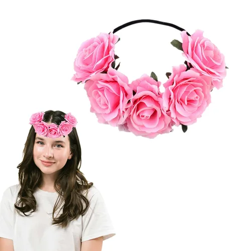 Vista 5 de Corona de rosas para mujer, diadema de festival, corona floral, Luau hawaiano, accesorios para fotos de fiestas y festivales (naranja)