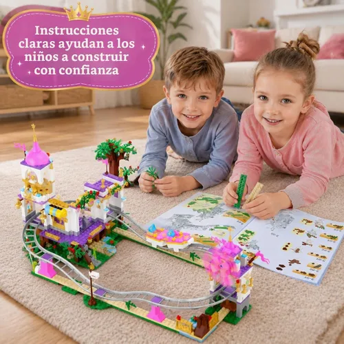 Vista 4 de Juego de construcción de montaña rusa de castillo, kit de construcción de parque de atracciones STEM para niños, bloques de juegos rosa creativos