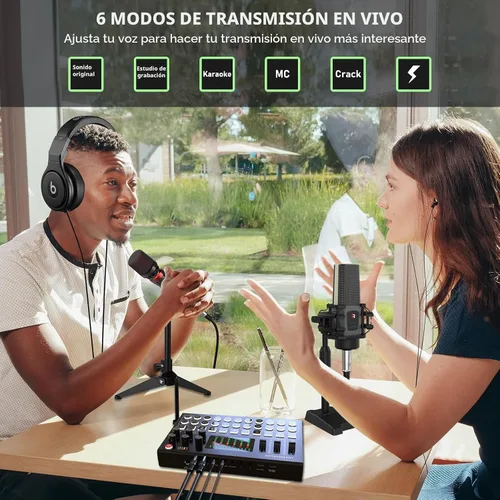 Vista 7 de RHM M9 Paquete de equipo de podcast, interfaz de audio todo en uno con micrófono y auriculares, 13 efectos de sonido, soporte para cambio