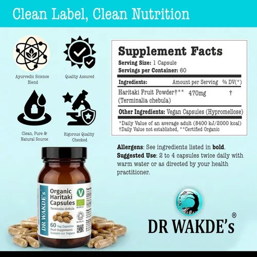 Vista 6 de DR WAKDE'S® Cápsulas Haritaki (Terminalia chebula/Hirda) I 100% Herbal I 60 Cápsulas Vegetales I Suplemento ayurvédico I Descuentos por cantidad I