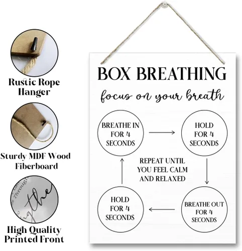 Vista 3 de Cartel de respiración de caja, letrero de enfoque en tu respiración, decoraciones de terapia, decoración de placas de madera colgantes, decoración