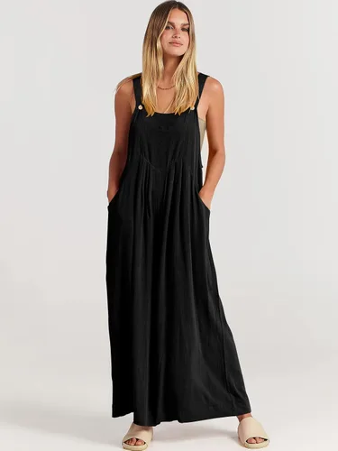 Vista 8 de ANRABESS Overol para mujer, de pierna ancha, casual, de verano, de lino, sin mangas, con tirantes, ropa 2024