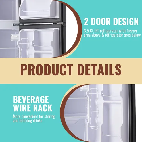 Vista 5 de WANAI Refrigerador pequeño con congelador de 3.5 pies cúbicos, mini refrigerador con congelador en la parte superior, doble puerta, pequeño Negro