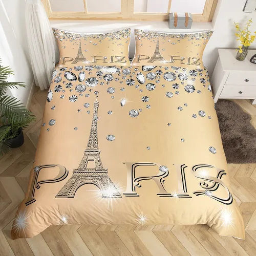 Vista 9 de Erosebridal Funda de edredón de la Torre Eiffel para niñas, juego de ropa de cama romántica de París azul, negro y blanco, funda de edredón