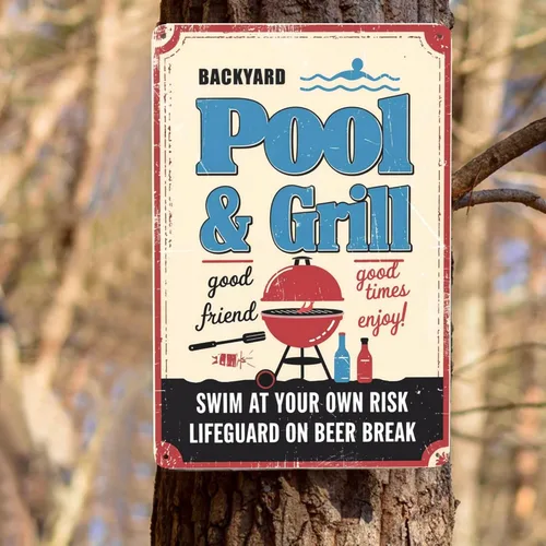 Vista 8 de Póster de metal para fiesta en la piscina, 8 x 12 pulgadas, "Parrilla y natación en su propio riesgo", arte retro para pared al aire libre