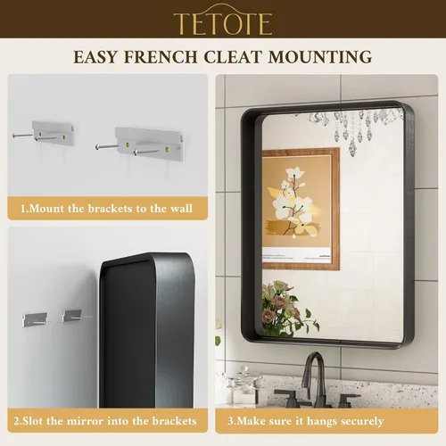 Vista 14 de TETOTE Espejo de marco dorado cepillado de 16 x 24 pulgadas, espejo de tocador de baño de latón dorado para pared, espejo enmarcado rectangular