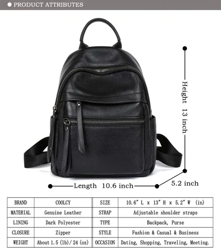 Vista 3 de COOLCY Mochila de cuero genuino para mujer, mochila elegante multifuncional para mujer, Negro -, Casual