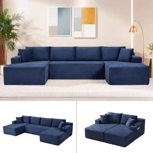 Vista 14 de Sofá cama modular en forma de U de 141.73 pulgadas, sofá de pana modular 6 en 1 con sensación suave como una nube, bolsa de almacenamiento