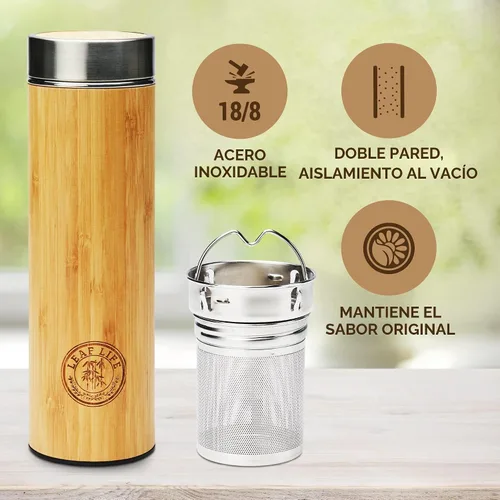 Vista 4 de LeafLife Botella de Té de Bambú Premium para Té Suelto - Botella Infusora de Té - Regalos de Té - Botella de Agua Aislada/Vaso de Café/Té - Set