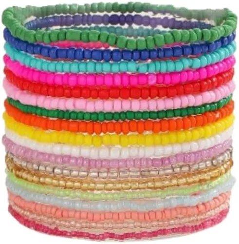 Vista 22 de Fuqimanman2020 18 piezas de pulseras apilables con cuentas estilo boho para mujer, conjunto de tobilleras de cuentas de arroz multicapas coloridas