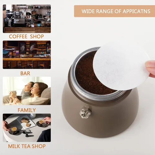Vista 2 de Bincoo Filtros de café de papel Moka Pot seguros, 100 piezas de papel de filtro de café n.º 6 por juego, filtro de repuesto, filtros clásicos