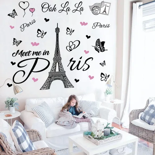 Vista 3 de Calcomanía de pared de la Torre Eiffel de París, calcomanía de pared autoadhesiva removible, decoración para dormitorio, cocina, oficina