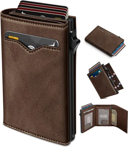 Vista 11 de Cartera miyozi para hombre, con bolsillo para efectivo, 2 ventanas para identificación, 9-13 ranuras para tarjetas, estuche metálico, elegante
