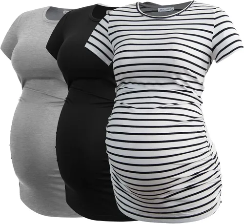 Vista 26 de Smallshow - Camiseta de maternidad para mujer, lados fruncidos, tipo túnica, prendas para el embarazo Verde militar-negro-gris profundo
