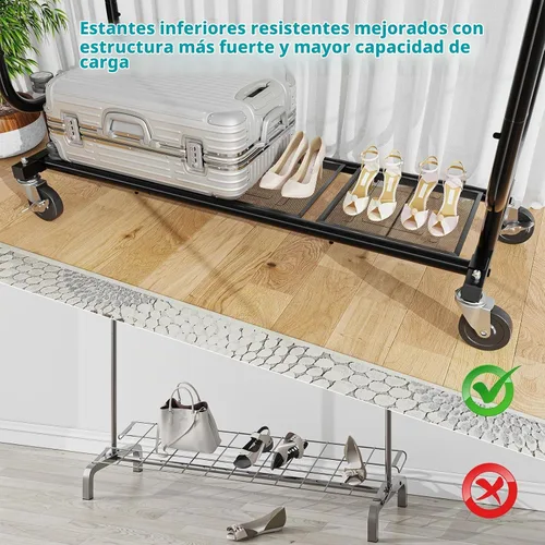 Vista 7 de Estante para ropa Ekisemio con capacidad de carga de 450LBS, estante resistente para ropa con ruedas, estantes enrollables para colgar ropa