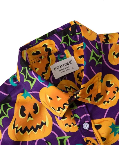 Vista 3 de fohemr Camisa divertida de Halloween para hombre, diseño de calabaza fea, manga larga, casual, con botones, disfraz de adulto para fiesta